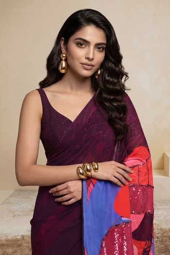 Shop_Satya Paul_Purple Silk, Crepe Kabul Rose Print Saree _Online_at_Aza_Fashions