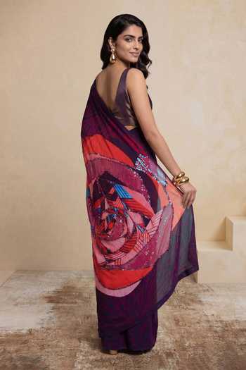 Shop_Satya Paul_Purple Silk, Crepe Kabul Rose Print Saree _at_Aza_Fashions
