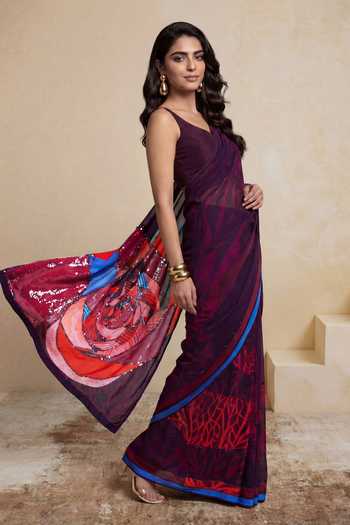Satya Paul_Purple Silk, Crepe Kabul Rose Print Saree _at_Aza_Fashions