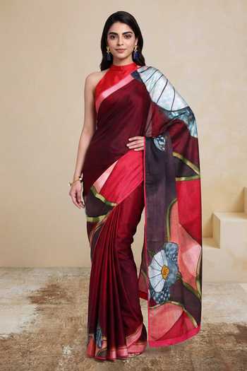 Buy_Satya Paul_Maroon Silk, Georgette, Satin Radio Station Printed Saree _at_Aza_Fashions