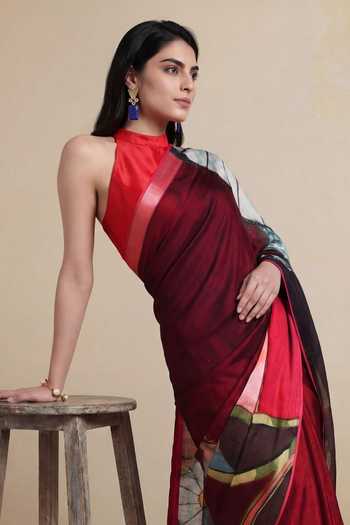 Satya Paul_Maroon Silk, Georgette, Satin Radio Station Printed Saree _Online_at_Aza_Fashions