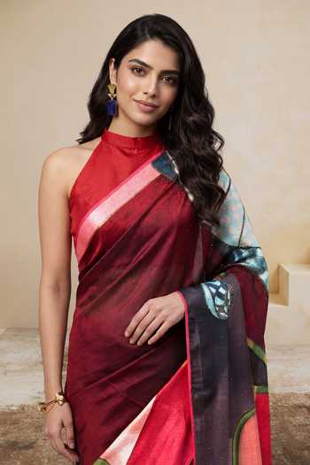 Buy_Satya Paul_Maroon Silk, Georgette, Satin Radio Station Printed Saree _Online_at_Aza_Fashions