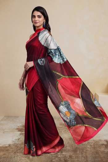Shop_Satya Paul_Maroon Silk, Georgette, Satin Radio Station Printed Saree _Online_at_Aza_Fashions