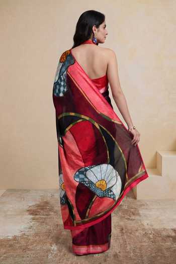 Shop_Satya Paul_Maroon Silk, Georgette, Satin Radio Station Printed Saree _at_Aza_Fashions