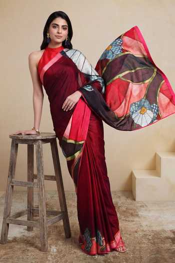 Satya Paul_Maroon Silk, Georgette, Satin Radio Station Printed Saree _at_Aza_Fashions