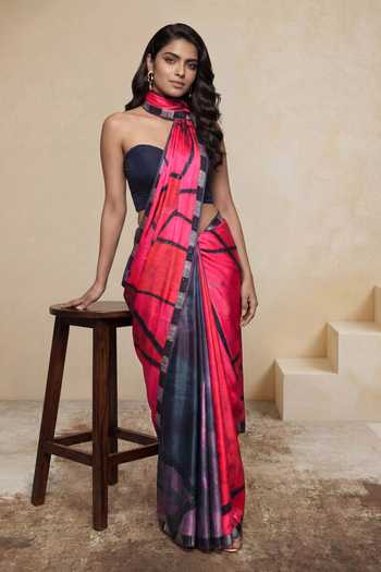 Satya Paul_Pink Silk, Georgette, Satin Glass Houses Printed Saree _Online_at_Aza_Fashions