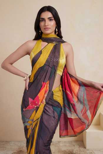 Satya Paul_Multi Color Silk, Crepe Soft Mosaic Print Saree _Online_at_Aza_Fashions