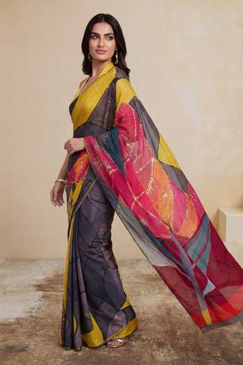Shop_Satya Paul_Multi Color Silk, Crepe Soft Mosaic Print Saree _Online_at_Aza_Fashions
