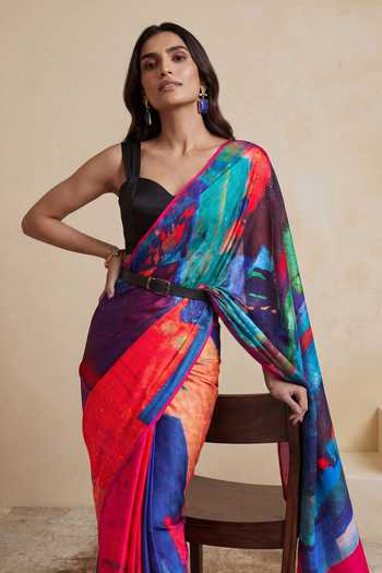 Satya Paul_Multi Color Silk, Georgette, Satin Metropolis Glow Printed Saree _Online_at_Aza_Fashions