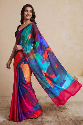 Shop_Satya Paul_Multi Color Silk, Georgette, Satin Metropolis Glow Printed Saree _Online_at_Aza_Fashions