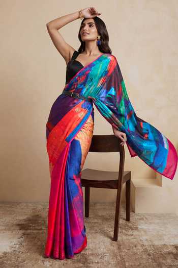 Satya Paul_Multi Color Silk, Georgette, Satin Metropolis Glow Printed Saree _at_Aza_Fashions