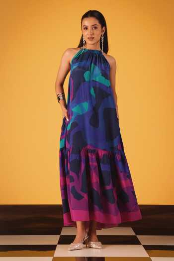 Buy_Satya Paul_Blue Crepe, Viscose Halter Neck Neon Currents Printed Dress _at_Aza_Fashions