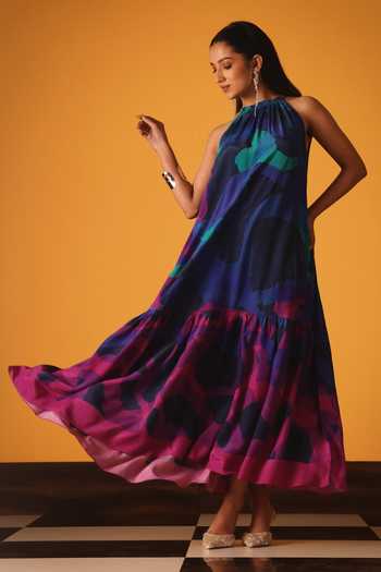 Buy_Satya Paul_Blue Crepe, Viscose Halter Neck Neon Currents Printed Dress _Online_at_Aza_Fashions