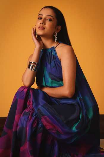 Shop_Satya Paul_Blue Crepe, Viscose Halter Neck Neon Currents Printed Dress _Online_at_Aza_Fashions