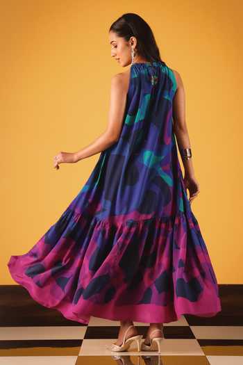 Shop_Satya Paul_Blue Crepe, Viscose Halter Neck Neon Currents Printed Dress _at_Aza_Fashions