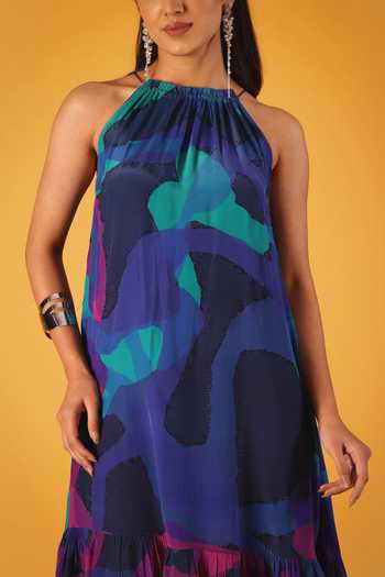 Satya Paul_Blue Crepe, Viscose Halter Neck Neon Currents Printed Dress _at_Aza_Fashions