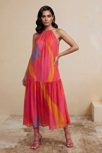 Buy_Satya Paul_Magenta Crepe, Viscose Halter Neck Prismatic Petals Dress _at_Aza_Fashions