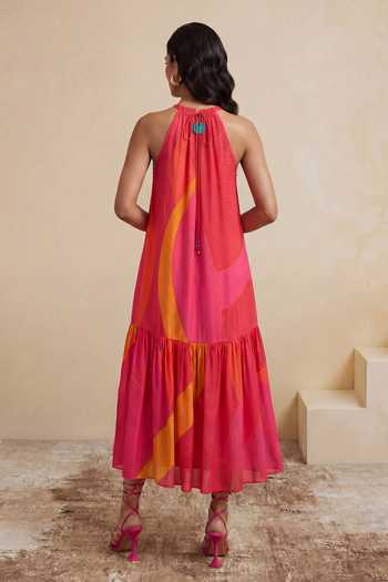 Shop_Satya Paul_Magenta Crepe, Viscose Halter Neck Prismatic Petals Dress _at_Aza_Fashions