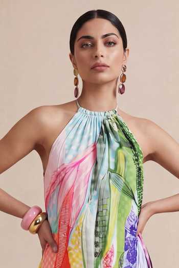 Satya Paul_Multi Color Crepe, Viscose Halter Neck Jungle Mosaic Print Dress _Online_at_Aza_Fashions