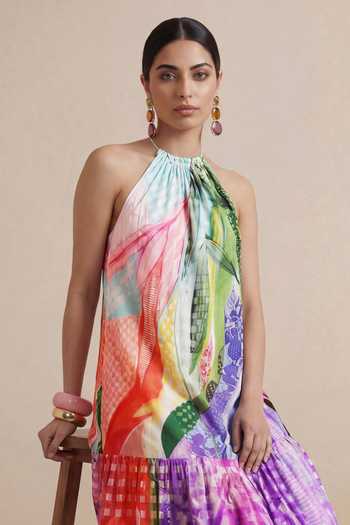 Buy_Satya Paul_Multi Color Crepe, Viscose Halter Neck Jungle Mosaic Print Dress _Online_at_Aza_Fashions
