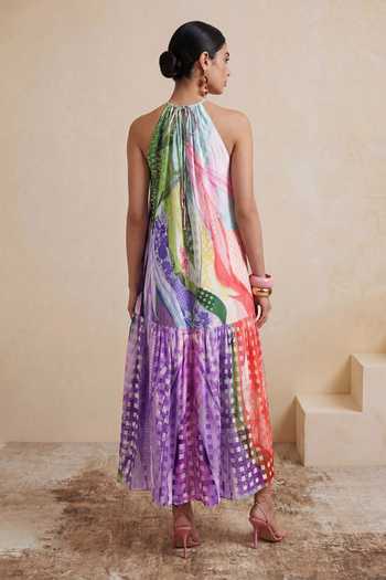 Shop_Satya Paul_Multi Color Crepe, Viscose Halter Neck Jungle Mosaic Print Dress _at_Aza_Fashions