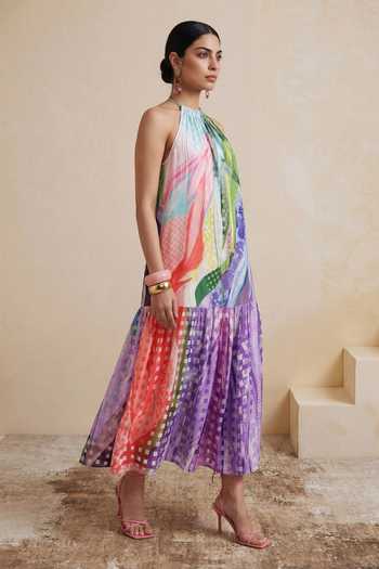 Shop_Satya Paul_Multi Color Crepe, Viscose Halter Neck Jungle Mosaic Print Dress _Online_at_Aza_Fashions