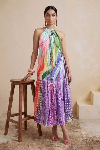 Buy_Satya Paul_Multi Color Crepe, Viscose Halter Neck Jungle Mosaic Print Dress _at_Aza_Fashions
