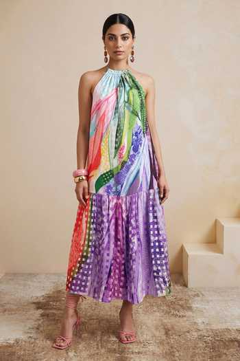 Satya Paul_Multi Color Crepe, Viscose Halter Neck Jungle Mosaic Print Dress _at_Aza_Fashions