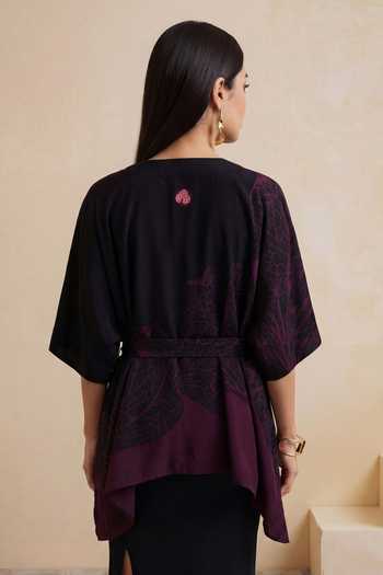 Shop_Satya Paul_Black Crepe, Viscose V-neck Heavenly Nights Printed Kaftan Top _at_Aza_Fashions