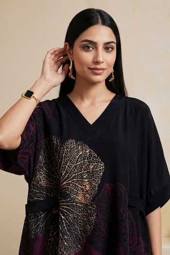 Shop_Satya Paul_Black Crepe, Viscose V-neck Heavenly Nights Printed Kaftan Top _Online_at_Aza_Fashions