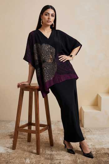 Satya Paul_Black Crepe, Viscose V-neck Heavenly Nights Printed Kaftan Top _at_Aza_Fashions