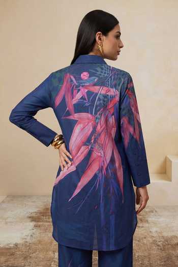 Shop_Satya Paul_Blue Linen, Viscose Collared Teal Printed Tunic And Pant Set _at_Aza_Fashions