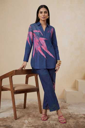 Buy_Satya Paul_Blue Linen, Viscose Collared Teal Printed Tunic And Pant Set _at_Aza_Fashions