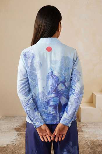 Shop_Satya Paul_Blue Chanderi Collared Misty Vein Shirt And Pant Set _at_Aza_Fashions