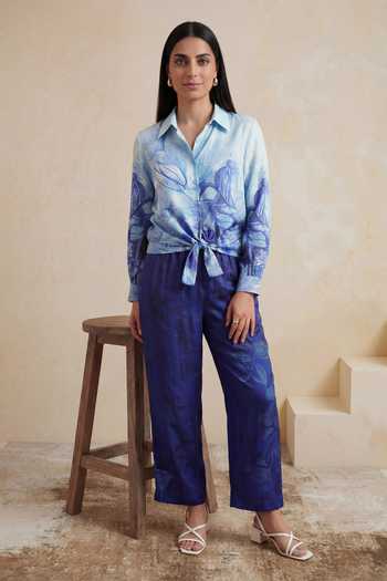 Buy_Satya Paul_Blue Chanderi Collared Misty Vein Shirt And Pant Set _at_Aza_Fashions