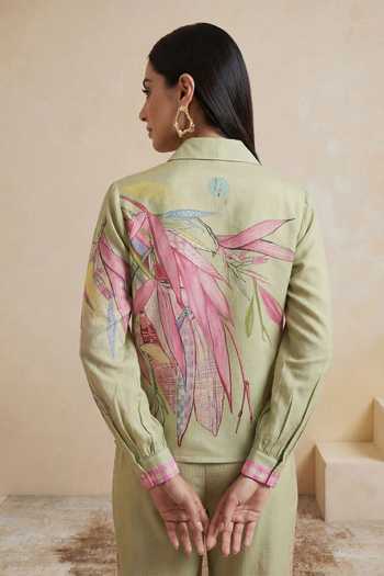 Shop_Satya Paul_Green Chanderi Button-down Neck Lily Pond Shirt And Pant Set _at_Aza_Fashions