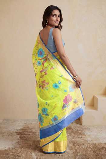 Shop_Satya Paul_Yellow Linen Morning Glory Floral Print Saree _at_Aza_Fashions