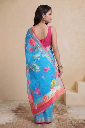 Shop_Satya Paul_Blue Linen Cherry Blossom Print Saree _at_Aza_Fashions
