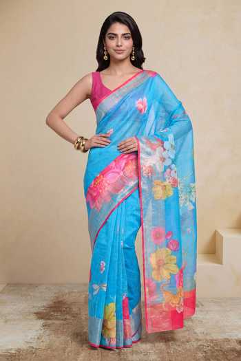Buy_Satya Paul_Blue Linen Cherry Blossom Print Saree _at_Aza_Fashions