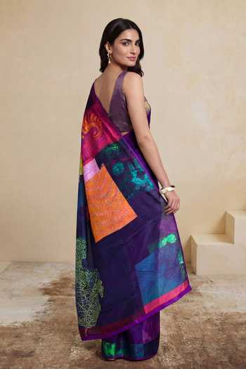 Shop_Satya Paul_Purple Silk, Georgette, Satin Steady Hands Printed Saree _at_Aza_Fashions