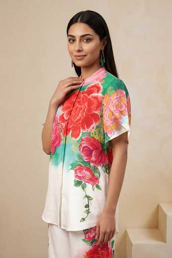 Satya Paul_Off White Linen, Viscose Mandarin Collar Rose Mist Print Top And Pant Set _Online_at_Aza_Fashions
