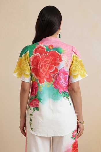 Shop_Satya Paul_Off White Linen, Viscose Mandarin Collar Rose Mist Print Top And Pant Set _at_Aza_Fashions