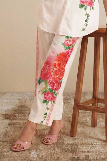 Buy_Satya Paul_Off White Linen, Viscose Mandarin Collar Rose Mist Print Top And Pant Set _Online_at_Aza_Fashions
