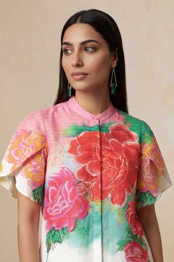 Satya Paul_Off White Linen, Viscose Mandarin Collar Rose Mist Print Top And Pant Set _at_Aza_Fashions