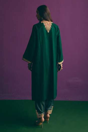 Shop_Mirasa_Green Wool Split V-neck Fariah Embroidered Kurta Set _at_Aza_Fashions