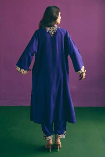 Shop_Mirasa_Blue Wool V-neck Ruhina Placement Embroidered Kurta And Pant Set _at_Aza_Fashions