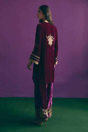 Shop_Mirasa_Wine , Tissue, Organza, Velvet V-neck Afsara Pure Kurta Set _at_Aza_Fashions