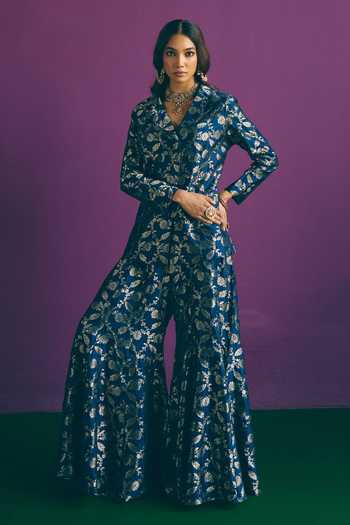 Buy_Mirasa_Blue V-neck Saahiba Woven Jacket And Sharara Set _at_Aza_Fashions