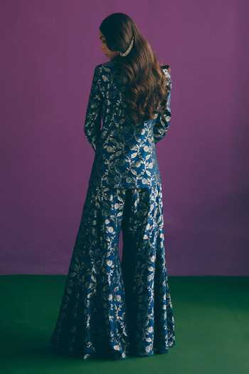 Shop_Mirasa_Blue V-neck Saahiba Woven Jacket And Sharara Set _at_Aza_Fashions