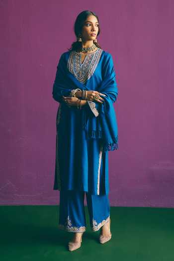 Buy_Mirasa_Blue Wool, Tissue Round Neck, Yes Safiya Pure Kurta Salwar Set _at_Aza_Fashions